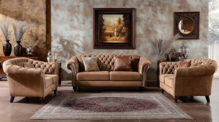 Stylish Mocha Mousse sofa set with a backdrop of textured walls, soft area rug, and decorative vases