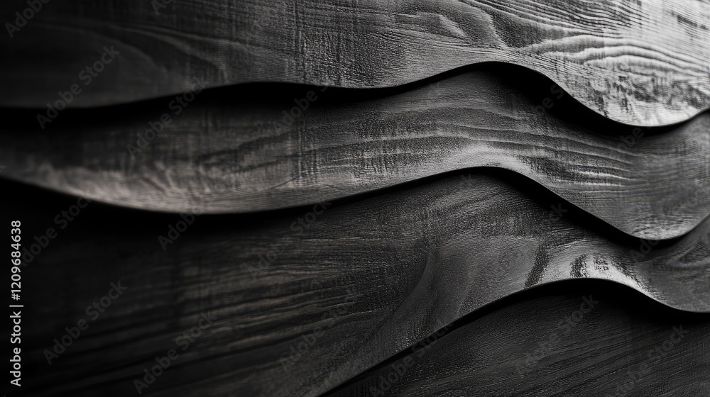 Poster monochrome soft curved textured dark wooden wall surface with elegant waves and depth