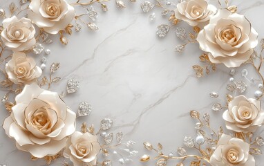 A stunning marble background features an elegant gold rose surrounded by a delicate pearl wreath, creating a luxurious and sophisticated aesthetic.