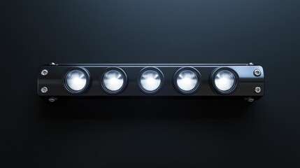 Single row LED light bar with five round spots on sleek black background showcasing modern automotive lighting design