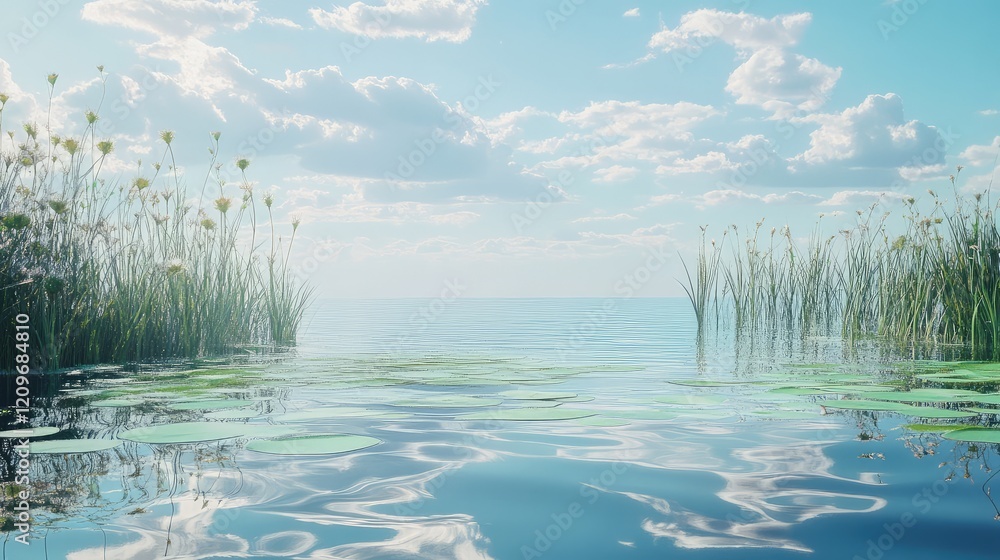 Poster serene lagoon with calm blue waters and lush green reeds under soft cloudy sky illuminated by gentle