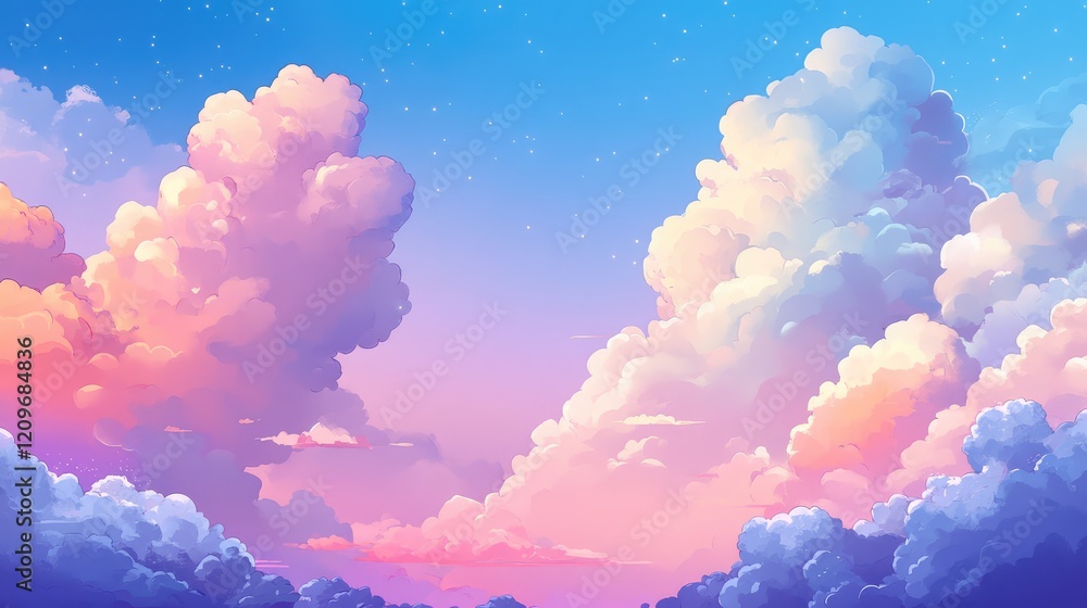 Aufkleber vibrant sky background with fluffy cumulus clouds in shades of pink and blue at twilight in serene c