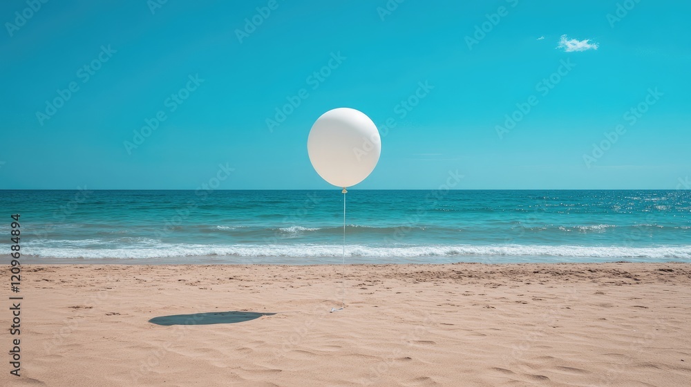 Poster white balloon anchored on sandy beach with vibrant sea and sky backdrop creating a serene and minima