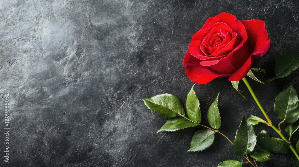 Poster elegant single red rose on a dark textured table with deep background highlighting nature's beauty a