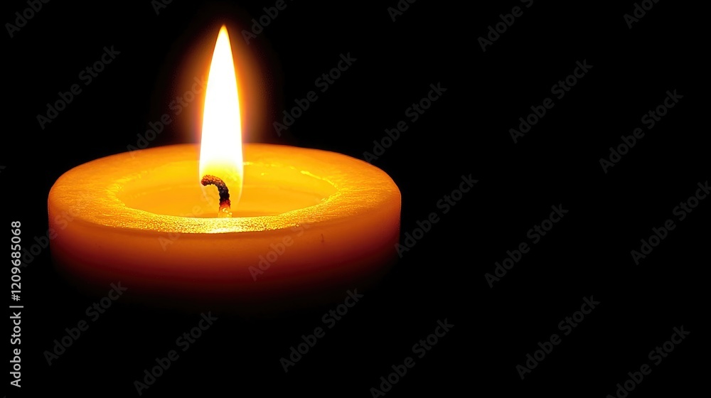 Poster Single glowing candle flame illuminating darkness on a black background creating a serene and tranquil atmosphere for relaxation and reflection