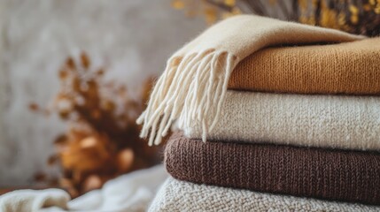 Warm Blankets Piled Cozy Autumn Scene with Textured Background and Fall Decor Accents