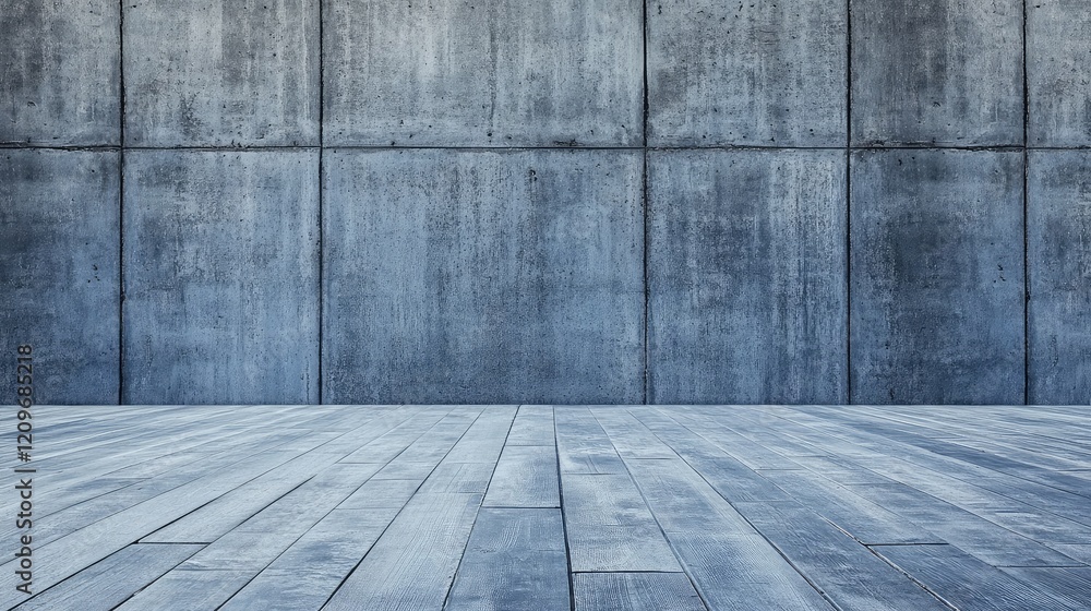 Poster slate blue concrete background with textured cement wall and wooden floor in horizontal perspective 