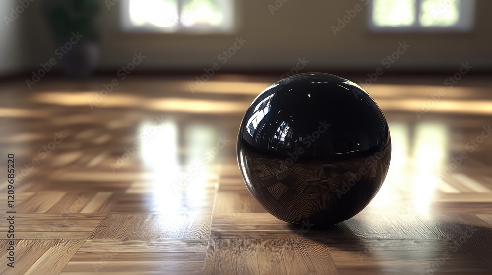Poster minimalist design with a sleek black bowling ball resting on polished parquet floor in a bright inte