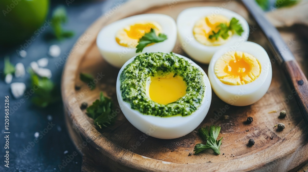Aufkleber soft boiled eggs topped with green herb dip on wooden board surrounded by fresh herbs and natural li