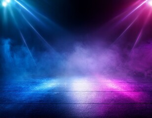 Dark scene colorful lights concert stage blue and purple background,