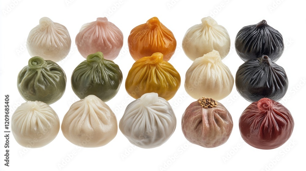Poster assorted steamed dim sum dumplings in various flavors arranged on a white background showcasing thei