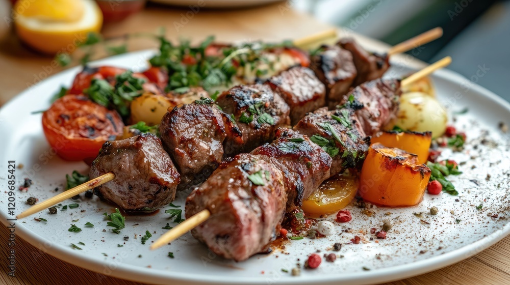 Poster grilled meat skewers served with colorful roasted vegetables on a white plate garnished with herbs a
