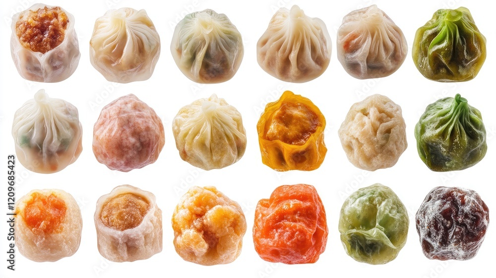 Poster assorted steamed dim sum varieties showcasing diverse flavors and textures on a clean white backgrou