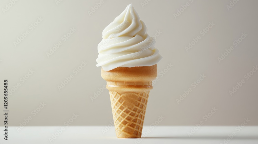 Poster delicious single scoop vanilla ice cream cone with soft swirls on a light neutral background