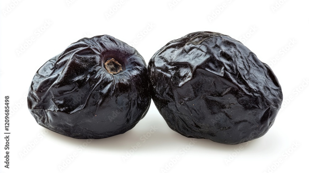 Poster dried prunes on a white background highlighting their rich texture and color for use in healthy food