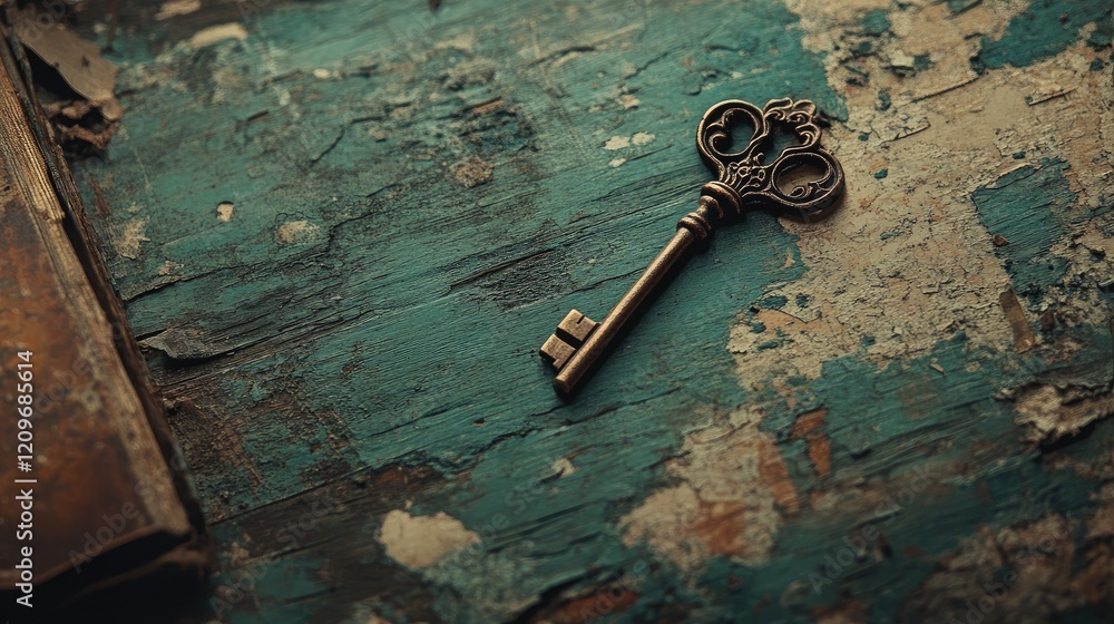 Poster antique skeleton key resting on a weathered wooden surface with peeling paint and aged textures in a