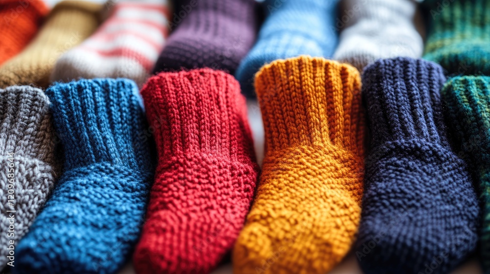 Poster Colorful knitted socks arranged in a row displaying diverse patterns and textures on a neutral background for textile and fashion banners.