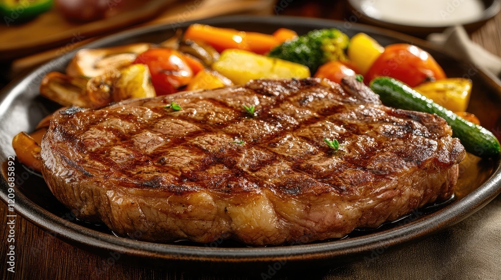Aufkleber grilled steak served with a colorful array of fresh, sautã©ed vegetables on a rustic plate rustic di