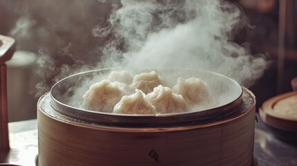 Steaming dumplings in a bamboo steamer surrounded by aromatic steam showcasing traditional Asian cuisine cooking techniques