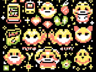 Fototapeta premium Pixel art collection of cute chicks, snacks, and fruits on black background.