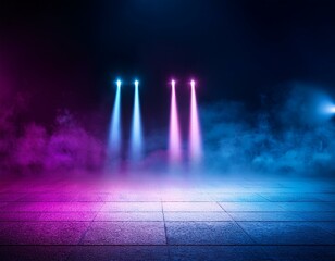 Dark scene colorful lights concert stage blue and purple background,