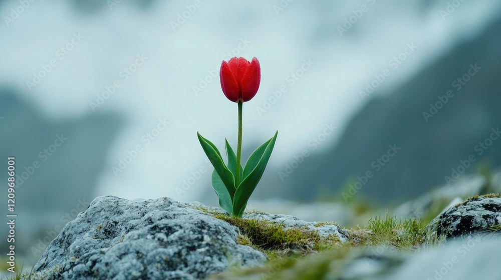 Poster red tulip flower standing alone on rocky ground against soft blurred background in springtime natura