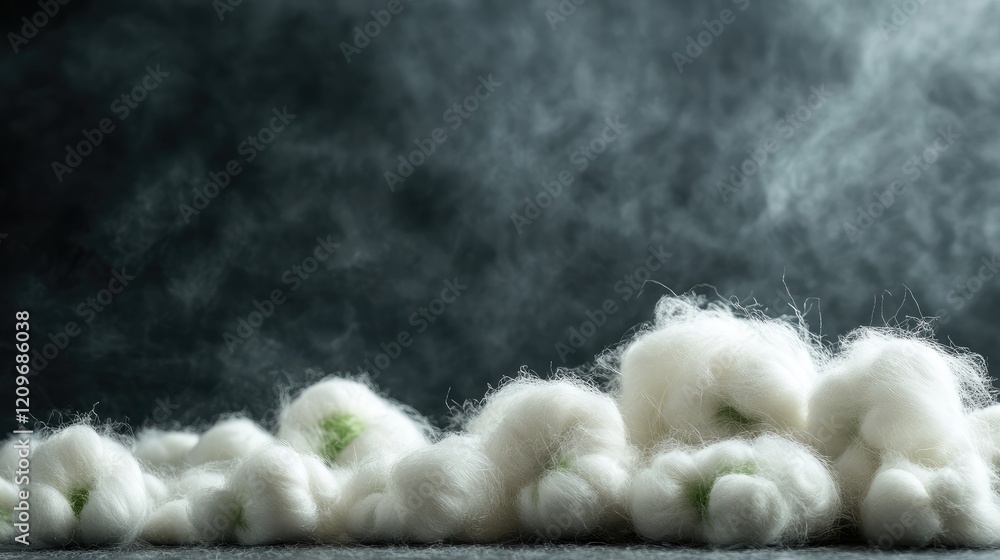 Poster cotton wool with green growth highlighting texture against a dark smoky background creating a contra