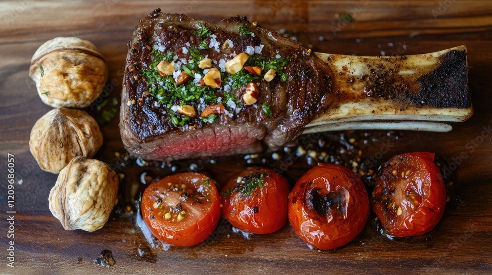 Poster grilled steak on bone with roasted tomatoes and hazelnuts on wooden board with free space for text t
