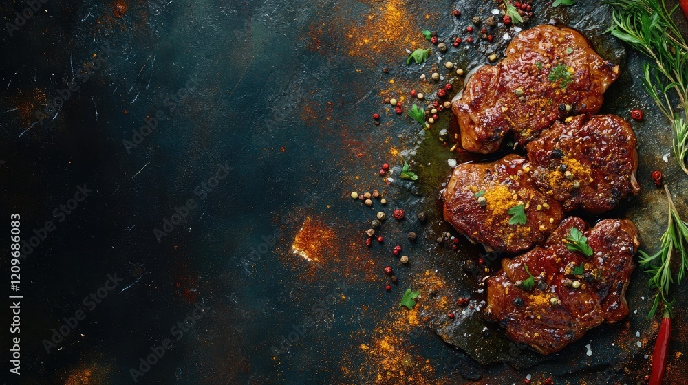 Aufkleber grilled steak seasoned with herbs and spices on a textured stone background with ample free space fo