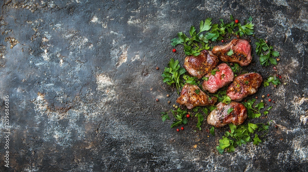 Poster grilled steak with fresh herbs and spices on rustic stone background culinary banner horizontal comp