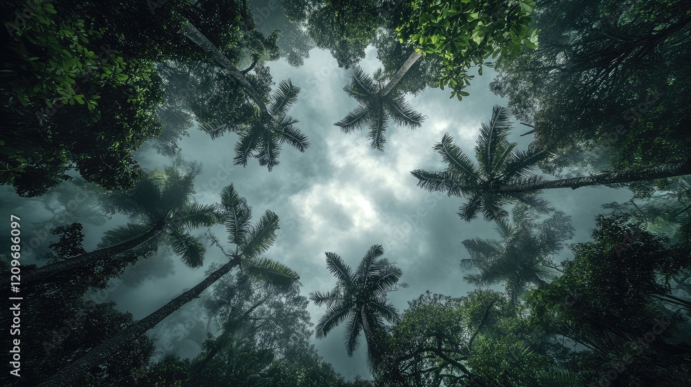 Poster low-angle view of tropical trees with palm fronds against a cloudy rainy sky, highlighting lush gree