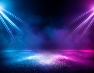 Dark scene colorful lights concert stage blue and purple background,