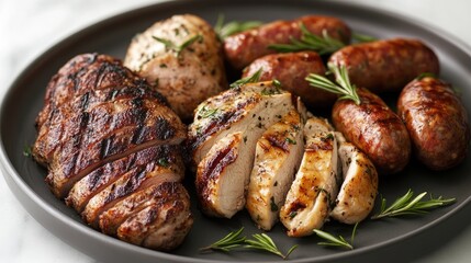 Grilled steak chicken and sausage platter with fresh rosemary on a dark plate