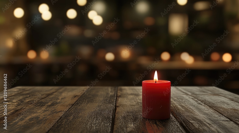 Poster elegant red candle on rustic wooden table with softly blurred ambient background for cozy atmosphere