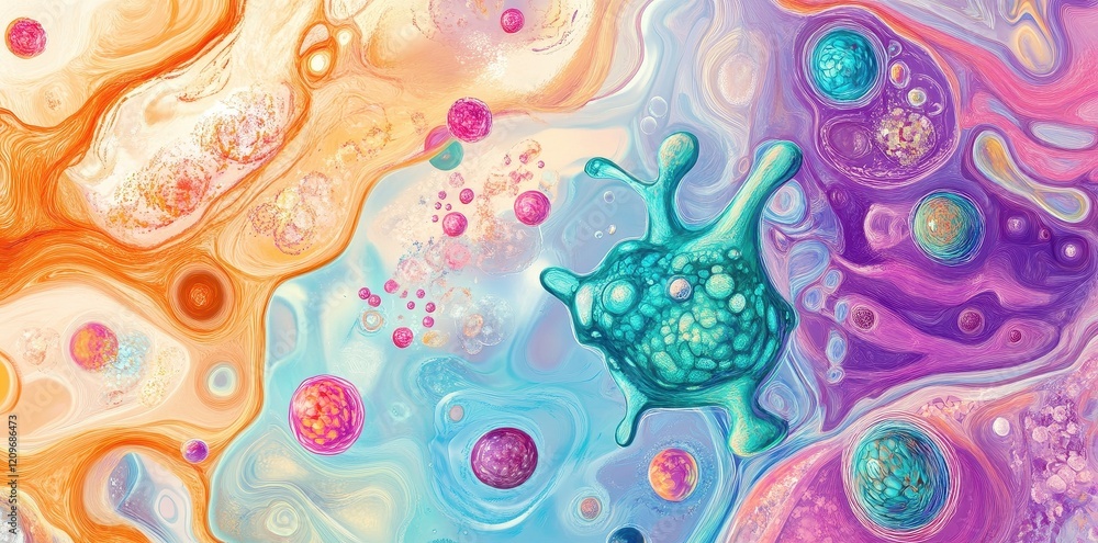 Poster abstract cellular structure art featuring vibrant colors and shapes