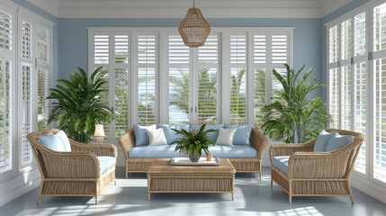 Fototapeta premium The Mocha Mousse sofa set featured in a coastal-inspired living room with soft blues and natural materials