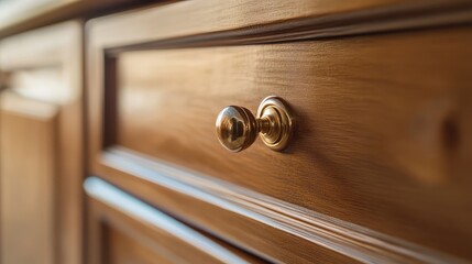 Close-up of a polished brass cabinet knob on a rich wooden kitchen drawer, showcasing a soft close guide system for elegant interior design concepts