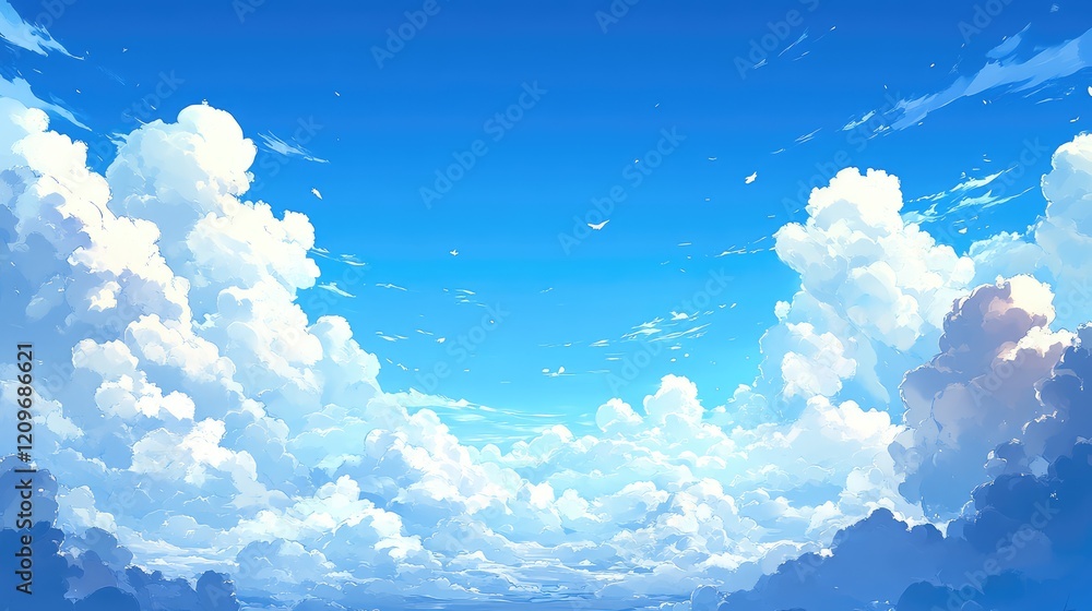 Aufkleber Vibrant blue sky adorned with fluffy white clouds creating a serene atmospheric scene ideal for text placement and backgrounds.