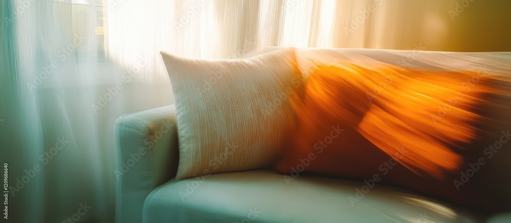 Aufkleber cozy modern living room with soft abstract blur of decorative pillow on stylish sofa creating a warm