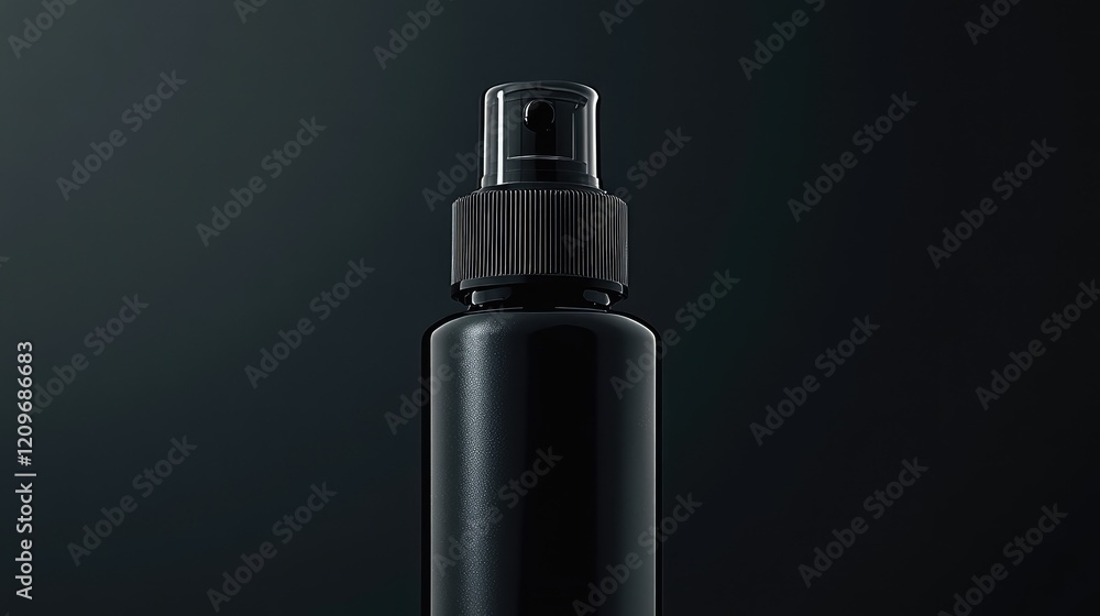 Poster black spray bottle with sleek nozzle on dark background for bug repellent product photography. clean