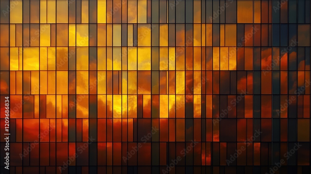 Poster abstract reflection of sunset colors in skyscraper glass facade with golden hues overlapping geometr