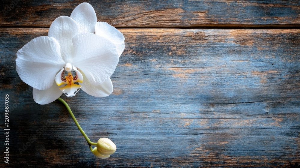 Poster elegant white orchid bloom on weathered wooden surface with soft focus and generous text area for cr
