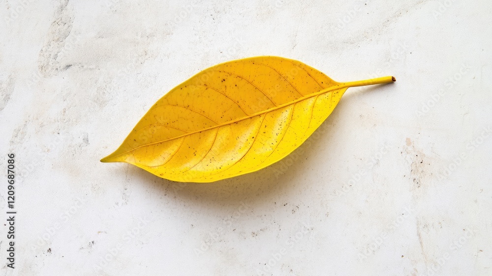 Poster Yellow Ficus elastica leaf resting on a textured white background showcasing natural beauty and simplicity in design.