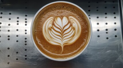 Rich latte art on a creamy coffee in a white cup showcasing elegance and warmth perfect for morning routines and coffee lovers