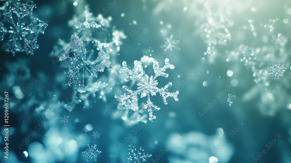 Poster Soft Blurry Snowflakes on a Blue Background Creating a Holiday Bokeh Effect with Space for Text and Seasonal Designs