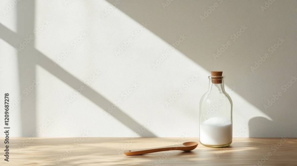 Poster sodium bicarbonate bottle with wooden spoon on a rustic table highlighting natural light and warm sh