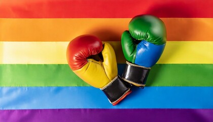 Colorful boxing gloves on a rainbow flag. Boxing and gay, lesbian and general LGBT community concept.