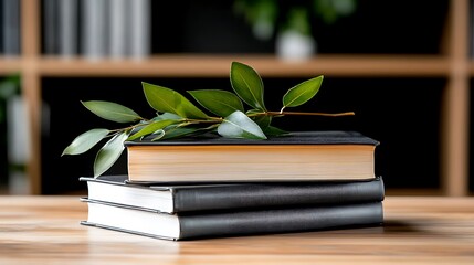 Stack of Books with Green Leaves on Wooden Table