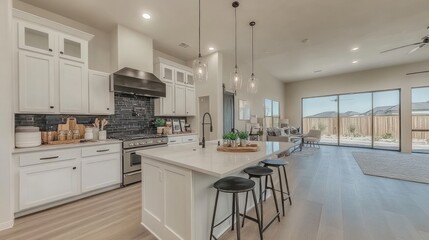 Urban snow-white kitchen with chic black accents, a bold backsplash, and a stylish open layout