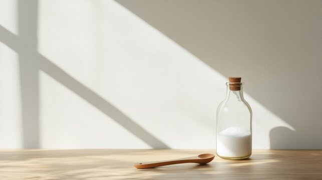 Sodium bicarbonate bottle with wooden spoon on a rustic table highlighting natural light and warm shadows
